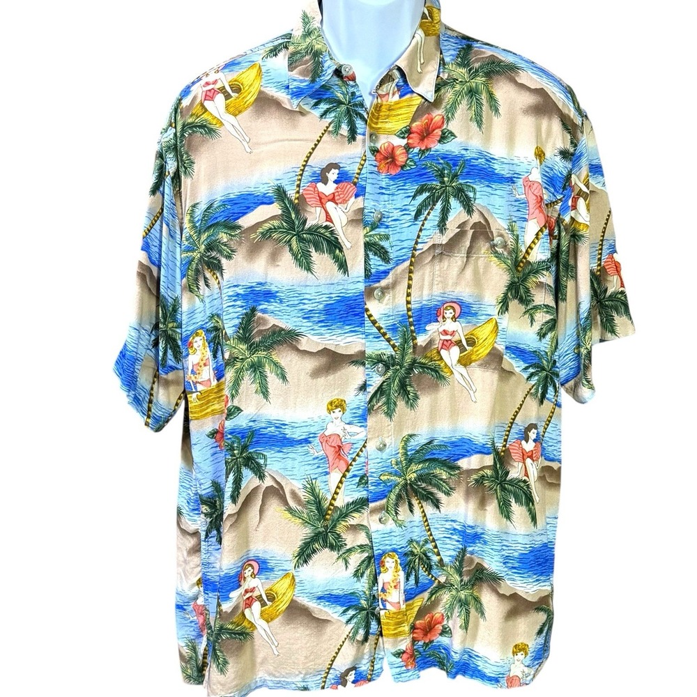 Pierre‎ Cardin VTG Hawaiian Shirt Pinup Girls Surfer Aloha Size Large Resort